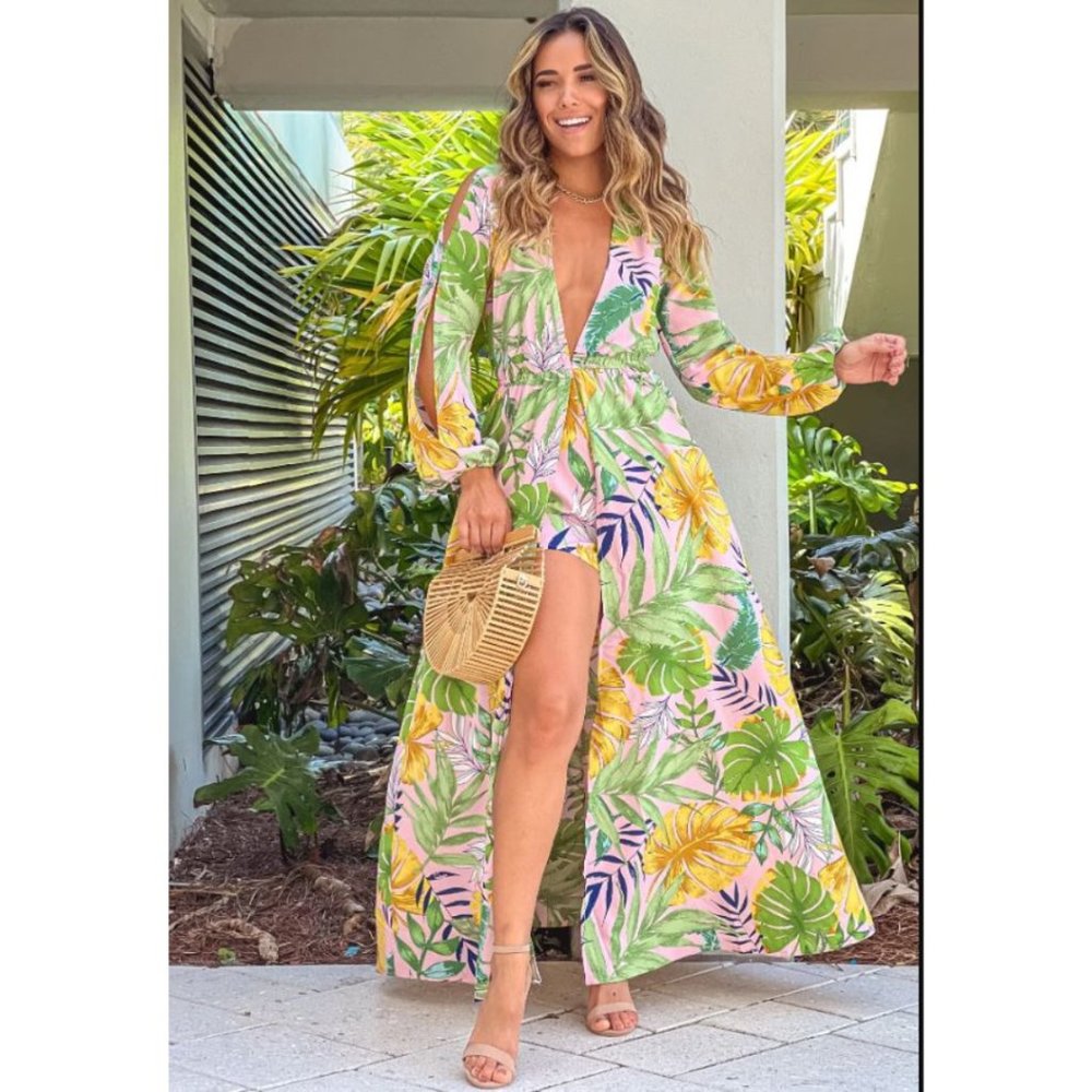 NWT HYFVE PINK TROPICAL MAXI ROMPER WOMEN'S SIZE LARGE